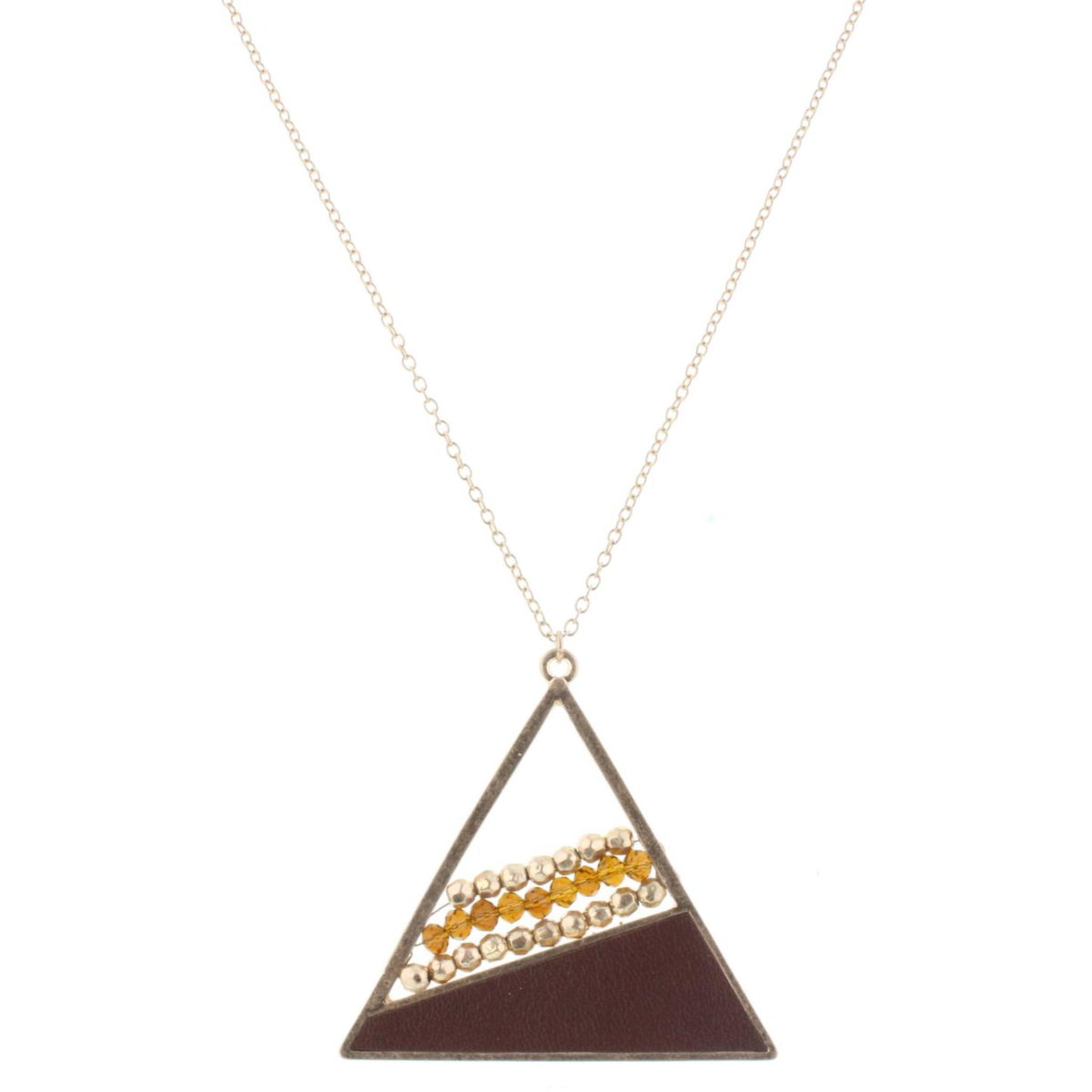 32" Dark Brown Leather & Brown/Gold Beaded Triangle Necklace, 3" Ext