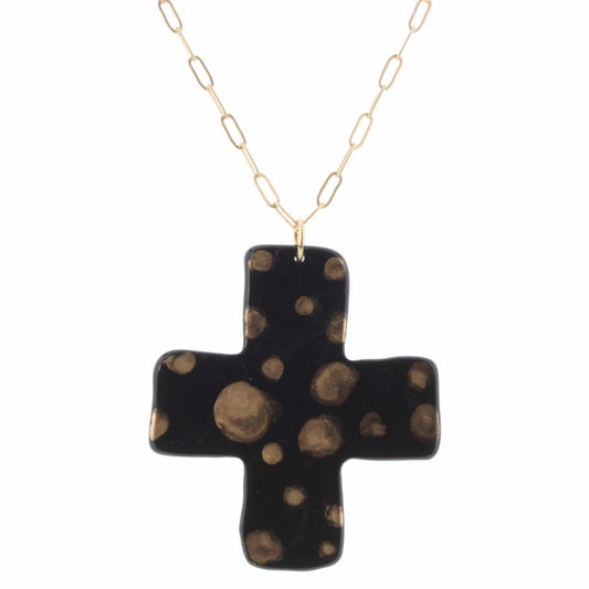 30" Black Cross with Gold Dots Necklace, 3" Ext