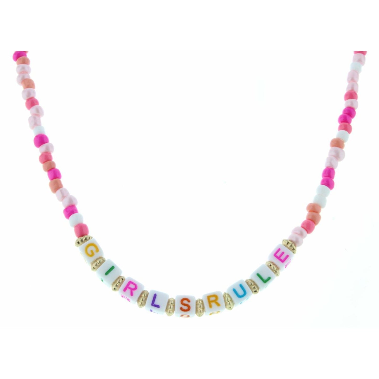 Kids 14" Block Lettered "Girls Rule" Multi Pink Beaded Necklace, 3" Ext