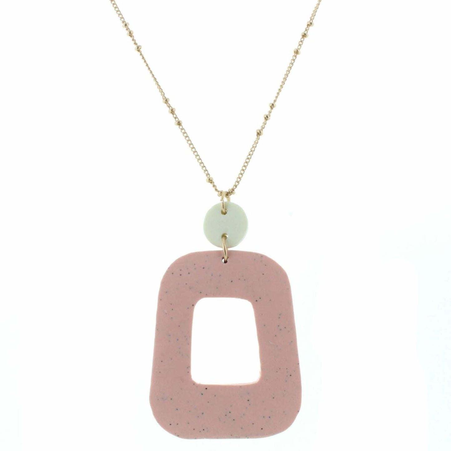 30" Polymer Clay Off White Circle with Muted Pink Speckled Open Rectangle Necklace, 3" Ext