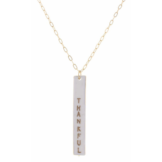 30" White Enamel "Thankful" Double Sided Bar with Cross on Back Necklace, 3" Ext