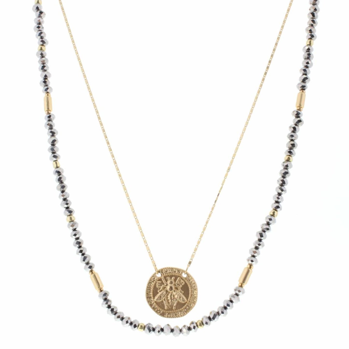 16", 18" 2 Layer Hematite Beaded, Gold Chain with Bee Circle Necklace, 3" Ext