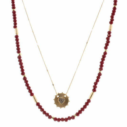 16", 18" 2 Layer Red Beaded, Gold Chain with Crystal Heart Circle Necklace, 3" Ext