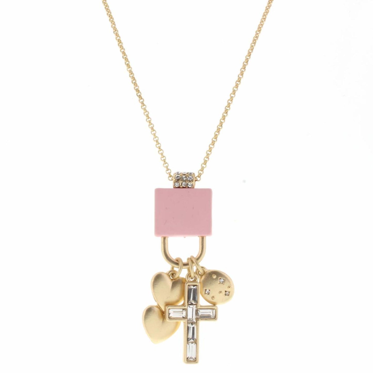 Kids Light Pink Lock with Hearts, Crystal Cross, Star Disk Charms Necklace, 2" Ext