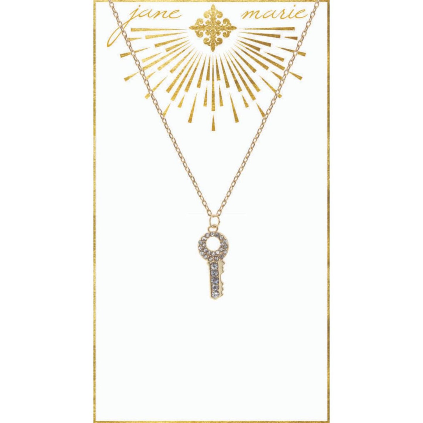 16" Clear Rhinestone Key on Gold Chain Necklace, 3" Ext
