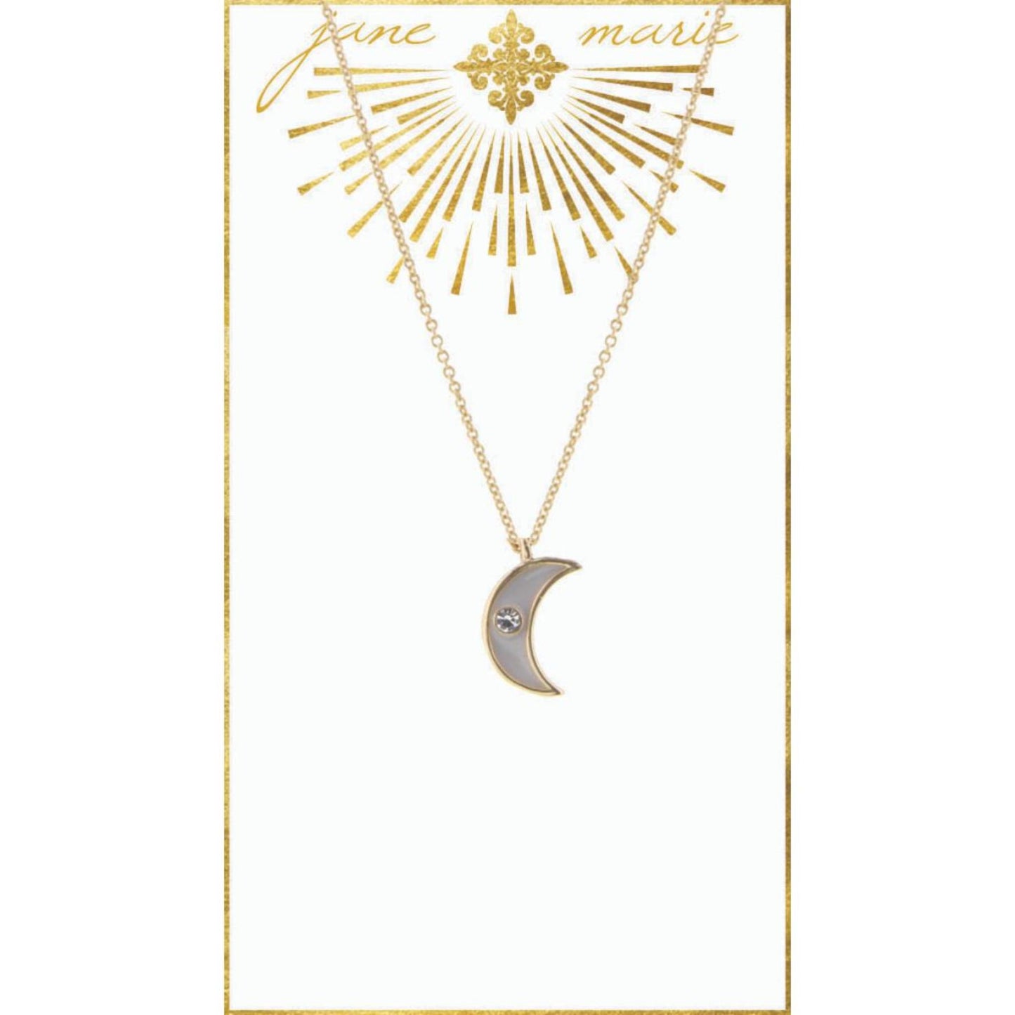 16" White Enamel Moon with Clear Rhinestone on Gold Chain Necklace, 3" Ext