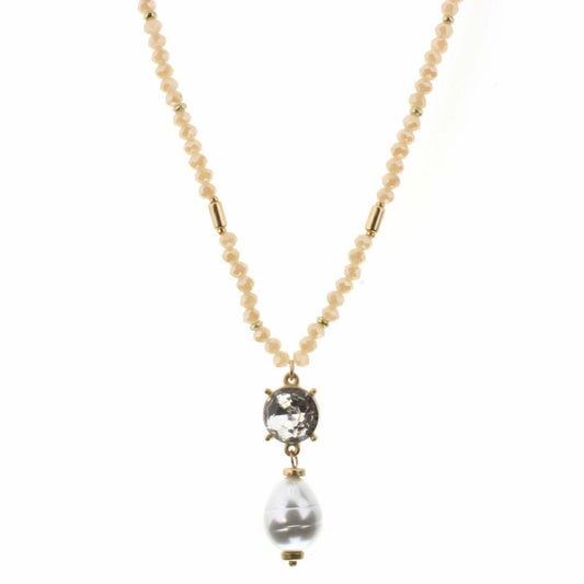 30" Clear Stone with Pearl Drop on Champagne Body Necklace, 2" Ext