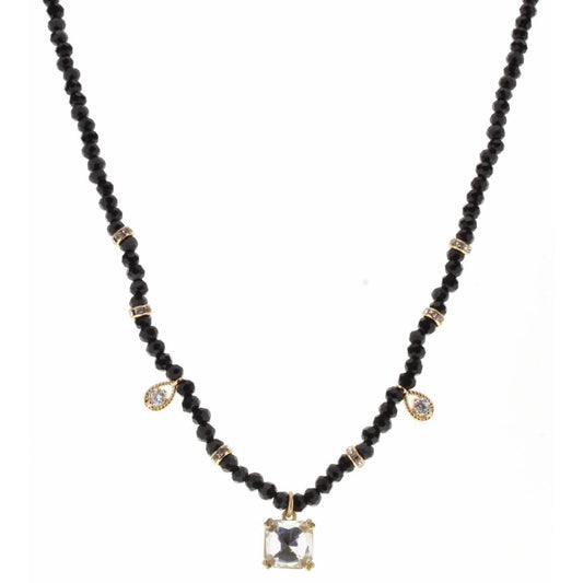 16" Jet Body with Teardrop and Clear Crystal Square Charm Necklace, 3" Ext