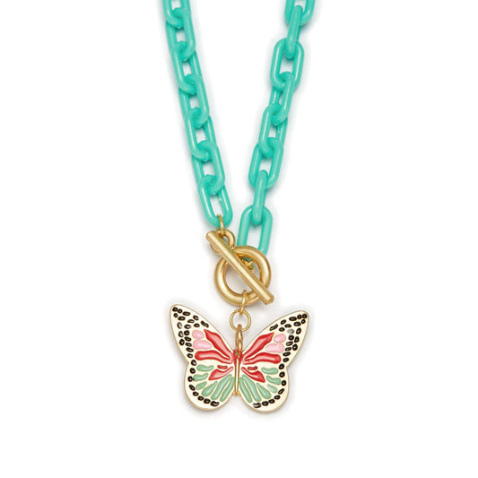 Kids 15" Butterfly Charm with Turquoise Chunky Link Chain Necklace