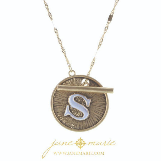 16" 2-Tone "S" Initial Toggle Disc with Gold Chain Link Necklace, 3" Ext