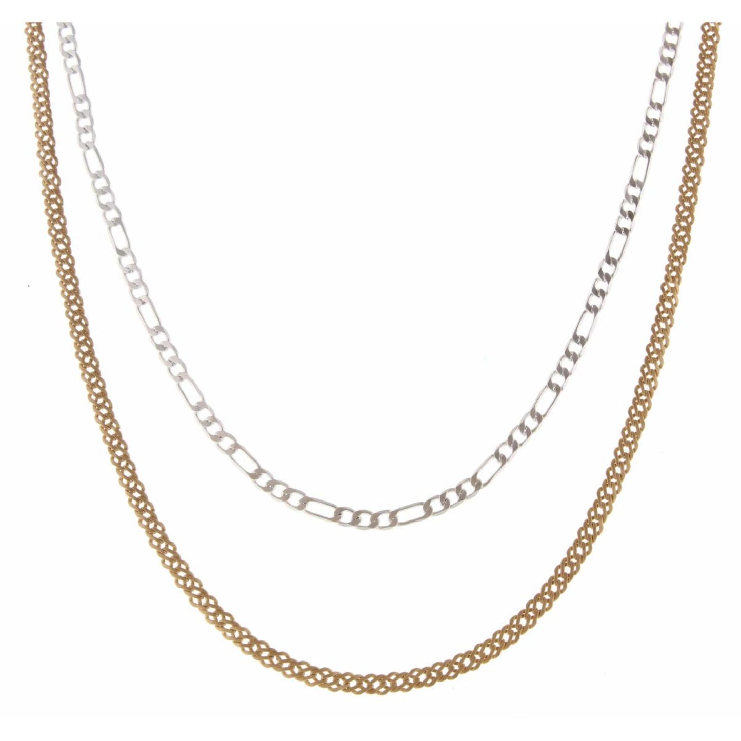 16", 18" 2 Layer Dainty 2-Tone Figaro & Double Pressed Curb Chain Necklace