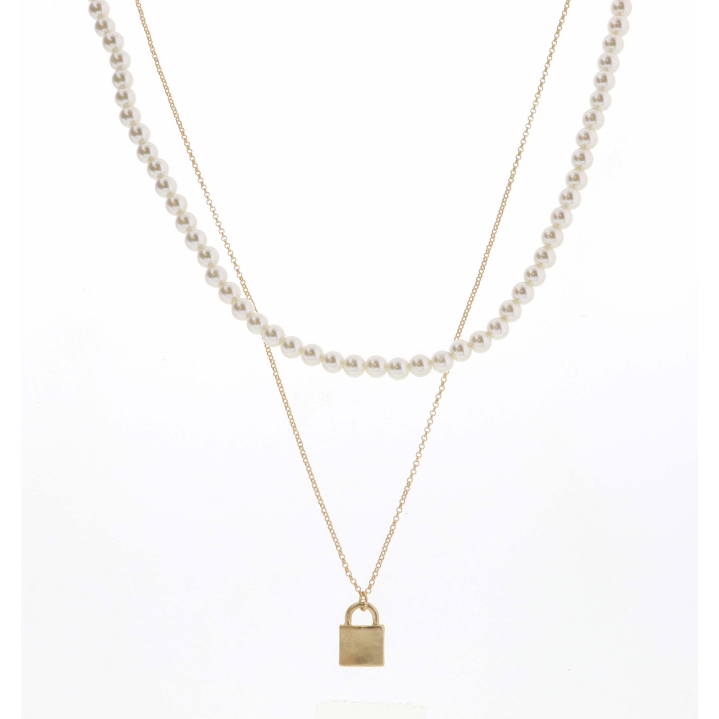 16", 18" 2 Layer Pearl Chain and Padlock Necklace, 3" Ext