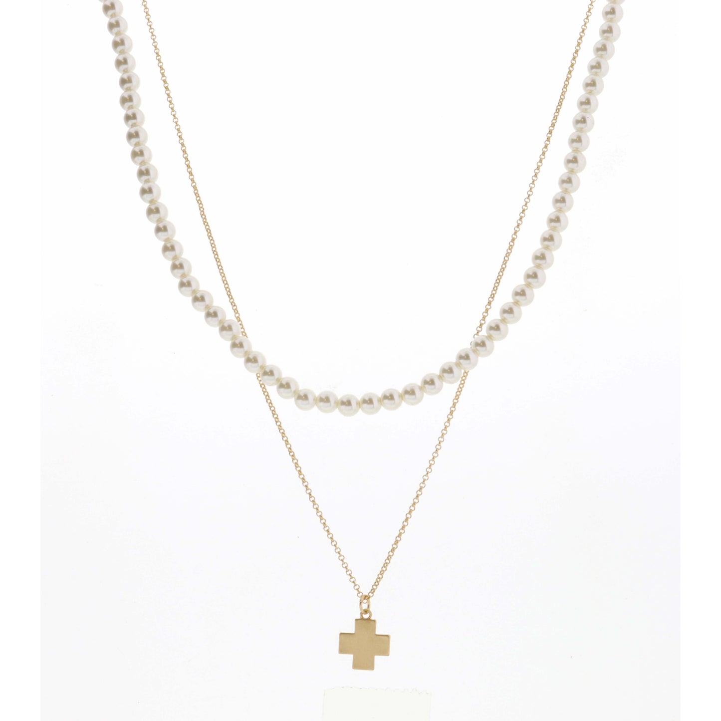 16", 18" 2 Layer Pearl Chain and Gold Square Cross Necklace, 3" Ext