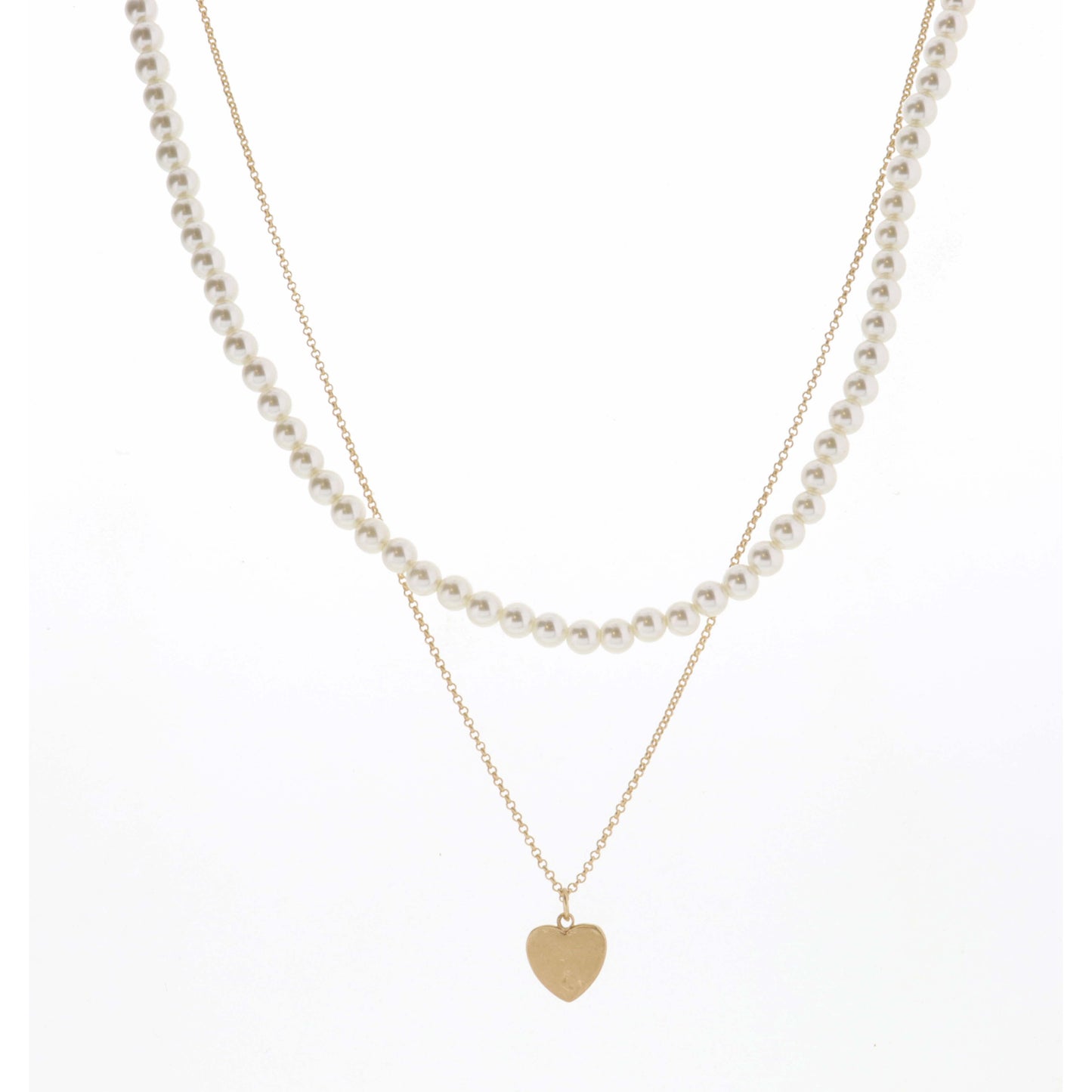 16", 18" 2 Layer Pearl Chain and Textured Heart Necklace, 3" Ext