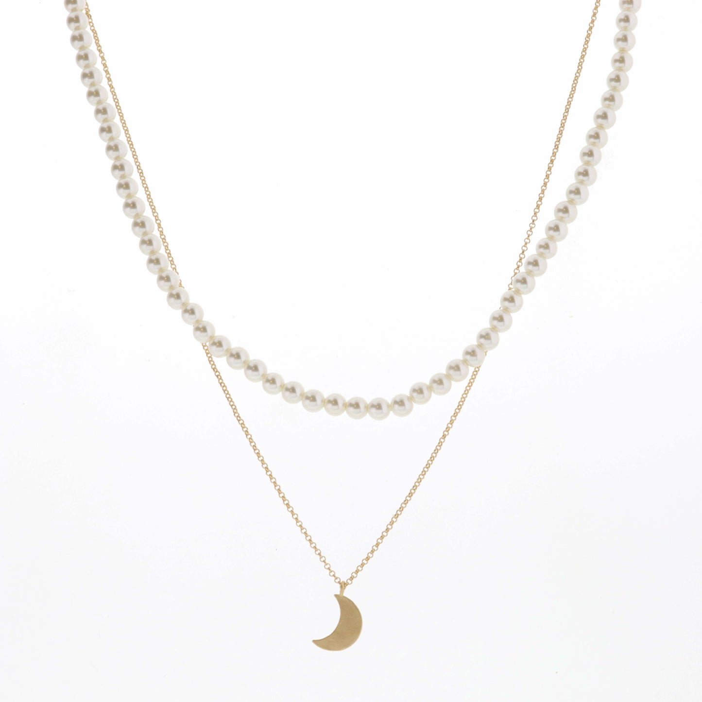 16", 18" 2 Layer Pearl Chain and Textured Moon Necklace, 3" Ext