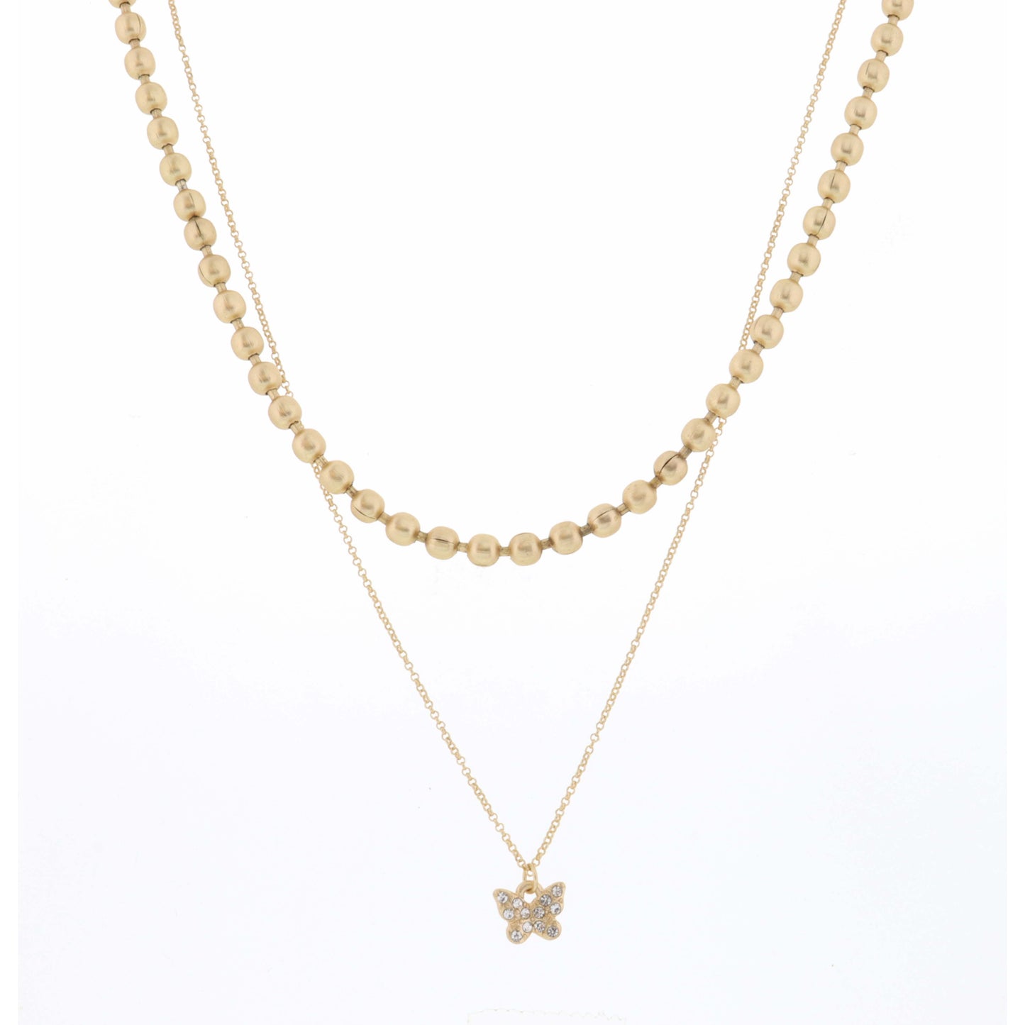 16", 18" 2 Layer Gold Bead Chain and Crystal Butterfly Necklace, 3" Ext