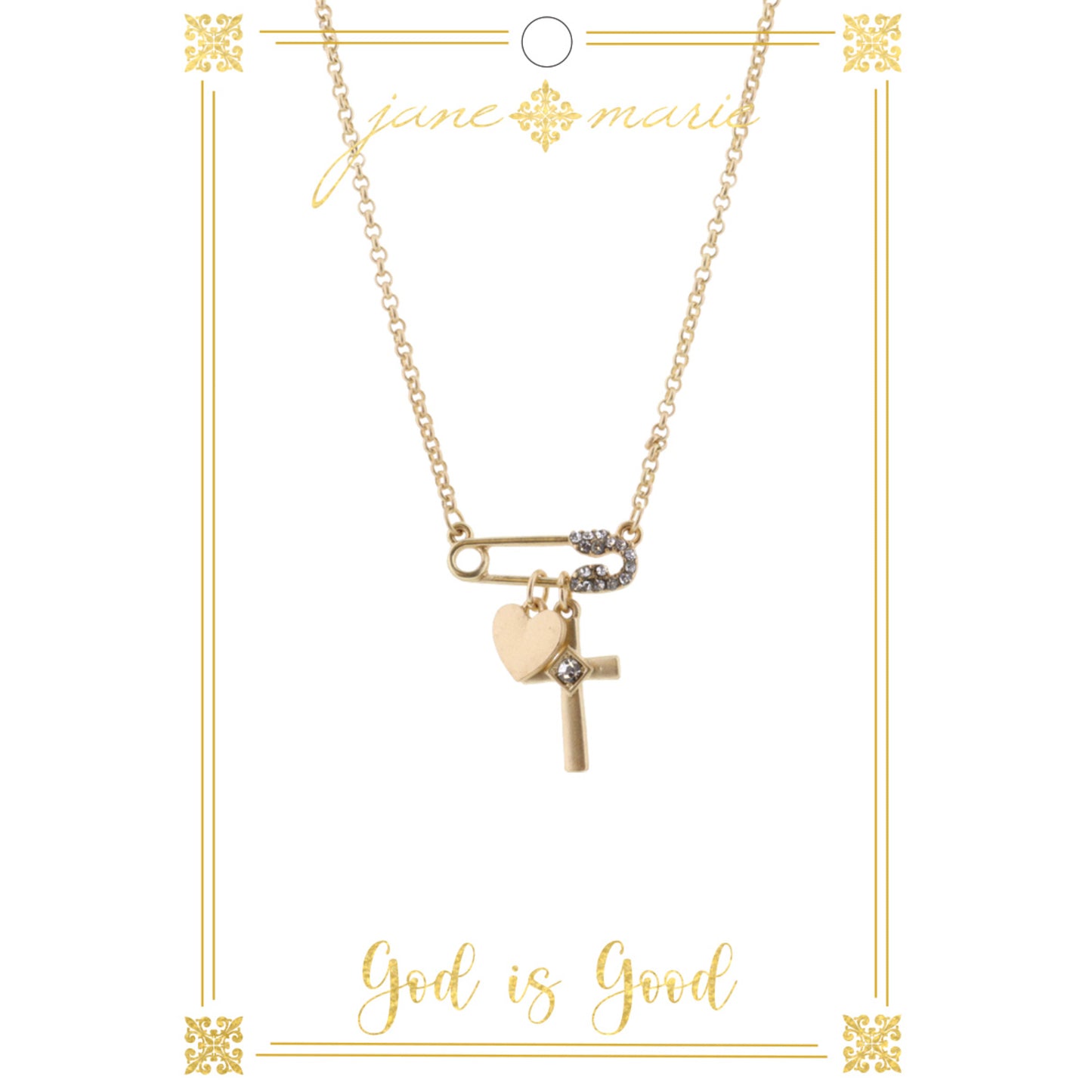 16" Gold Pin with Cross and Heart Charms on Gold Chain Necklace, 3" Ext