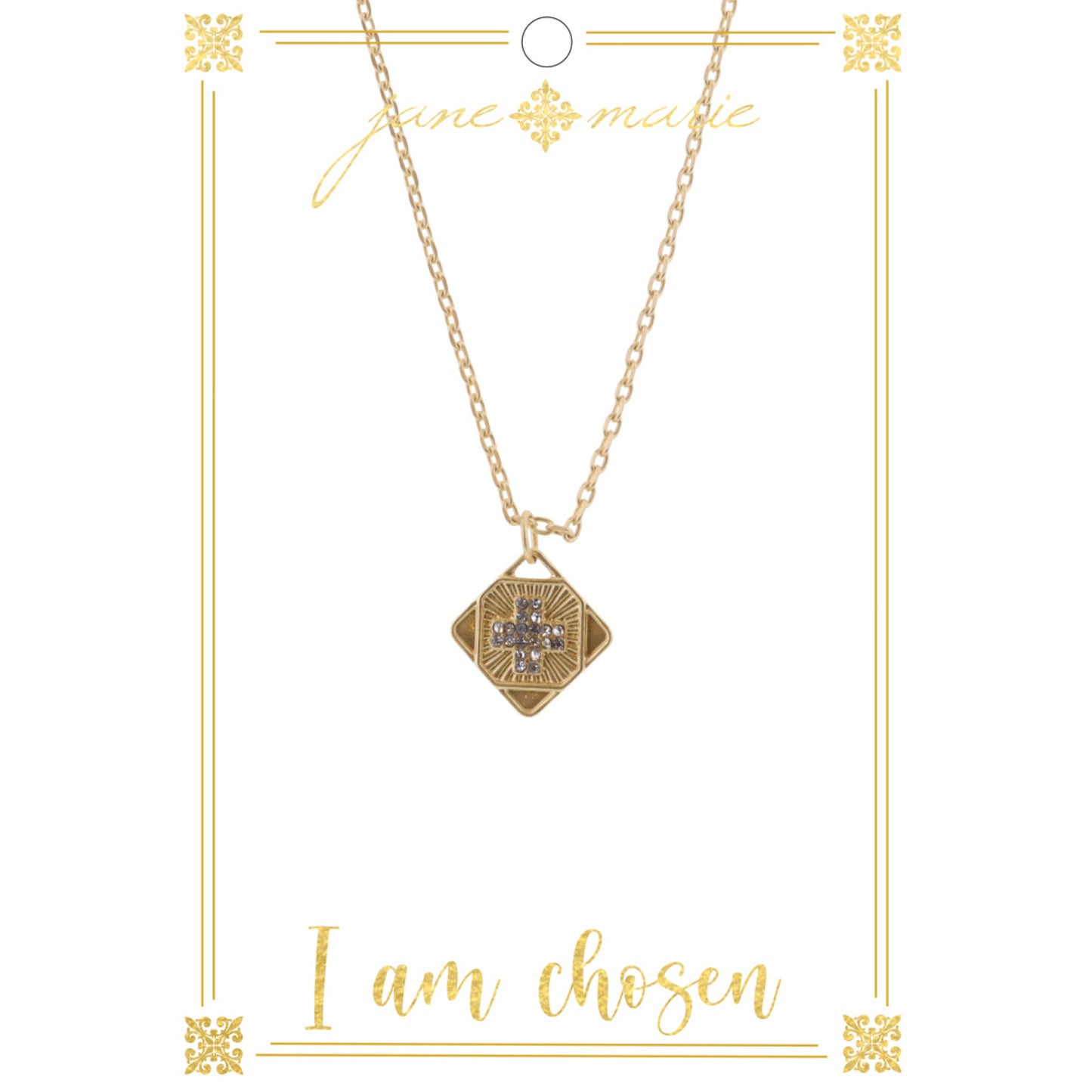 16" Gold Diamond Disc with Crystal Cross on Gold Chain Necklace, 3" Ext