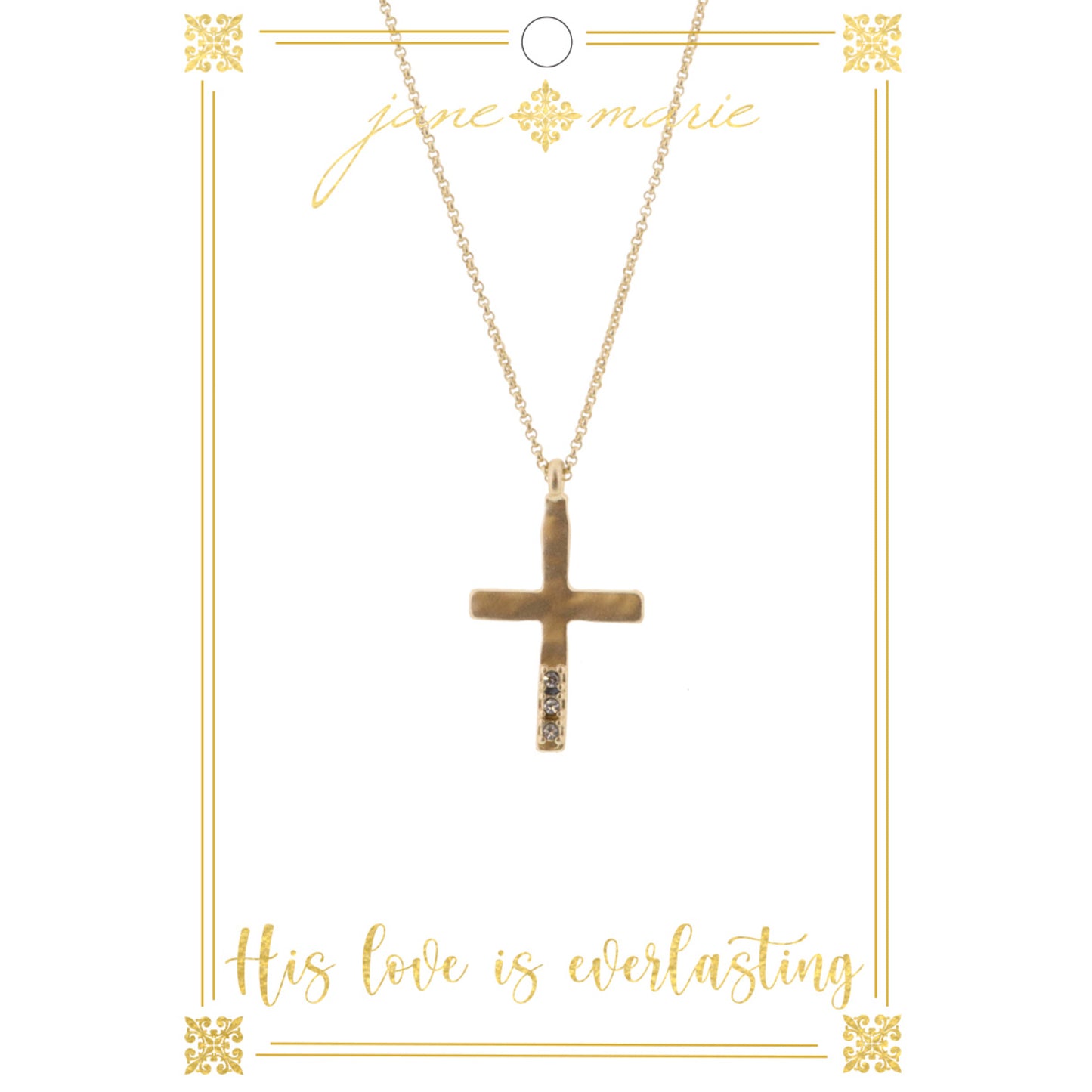 16" Gold Cross with Clear Crystals on Gold Chain Necklace, 3" Ext