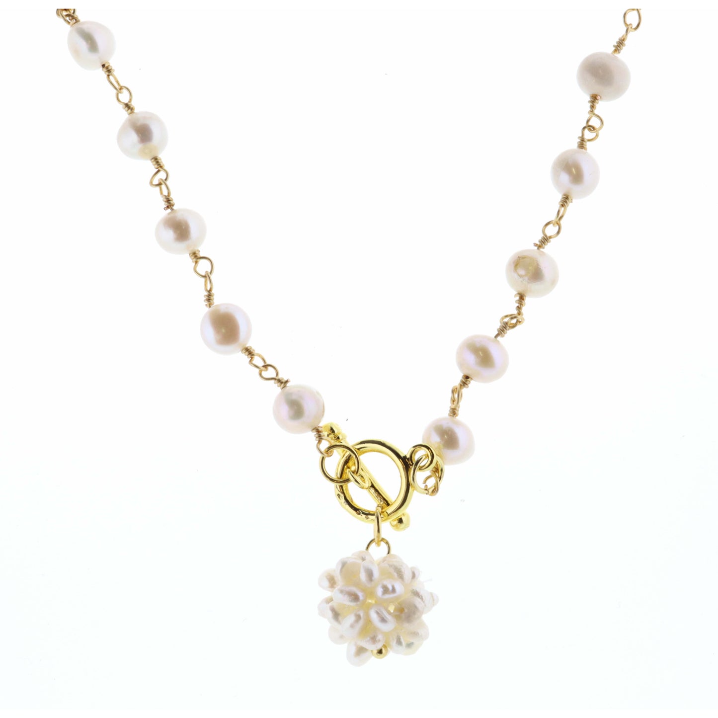 18" Pearl Cluster with Toggle on Gold Chain with Faceted Pearl Necklace
