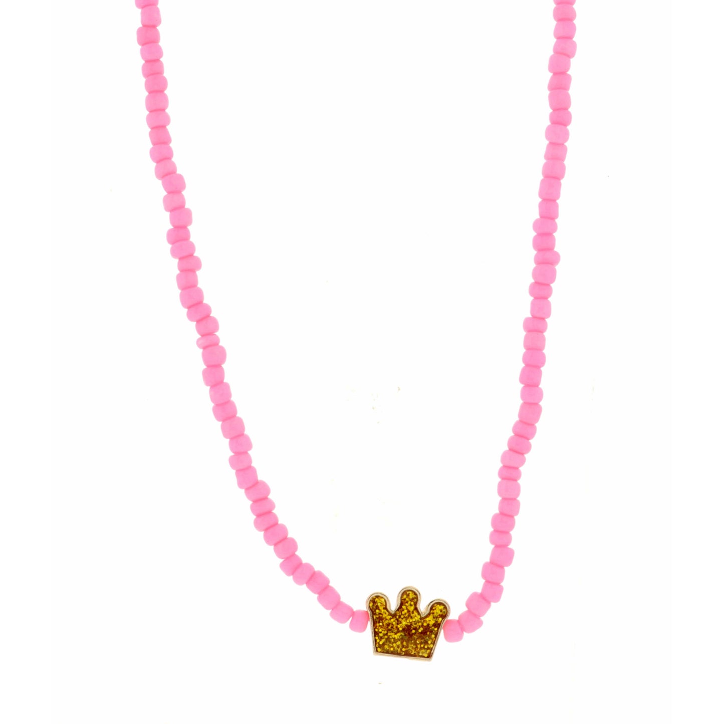 Kids 14" Pink Seed Bead with Glitter Crown Necklace, 3" Ext
