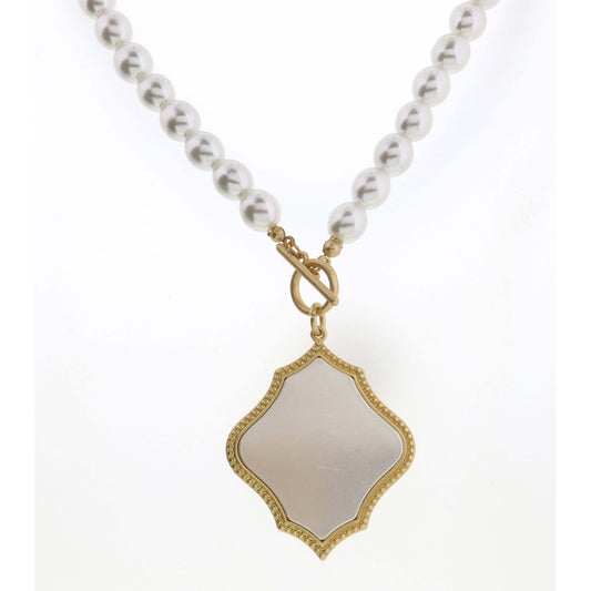 18" Two Tone Shield on Pearl Necklace