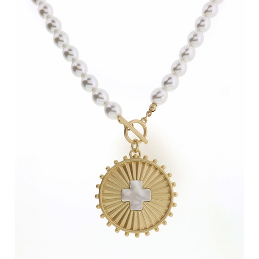 18" Textured Gold Circle with Silver Cross on Pearl Necklace