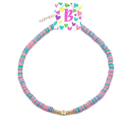 Kids 16" Multi Rubber Disk Beaded with White Block "B" Initial Kids Necklace, 3" Ext