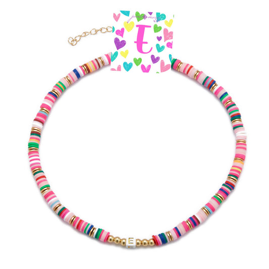 Kids 16" Multi Rubber Disk Beaded with White Block "E" Initial Kids Necklace, 3" Ext