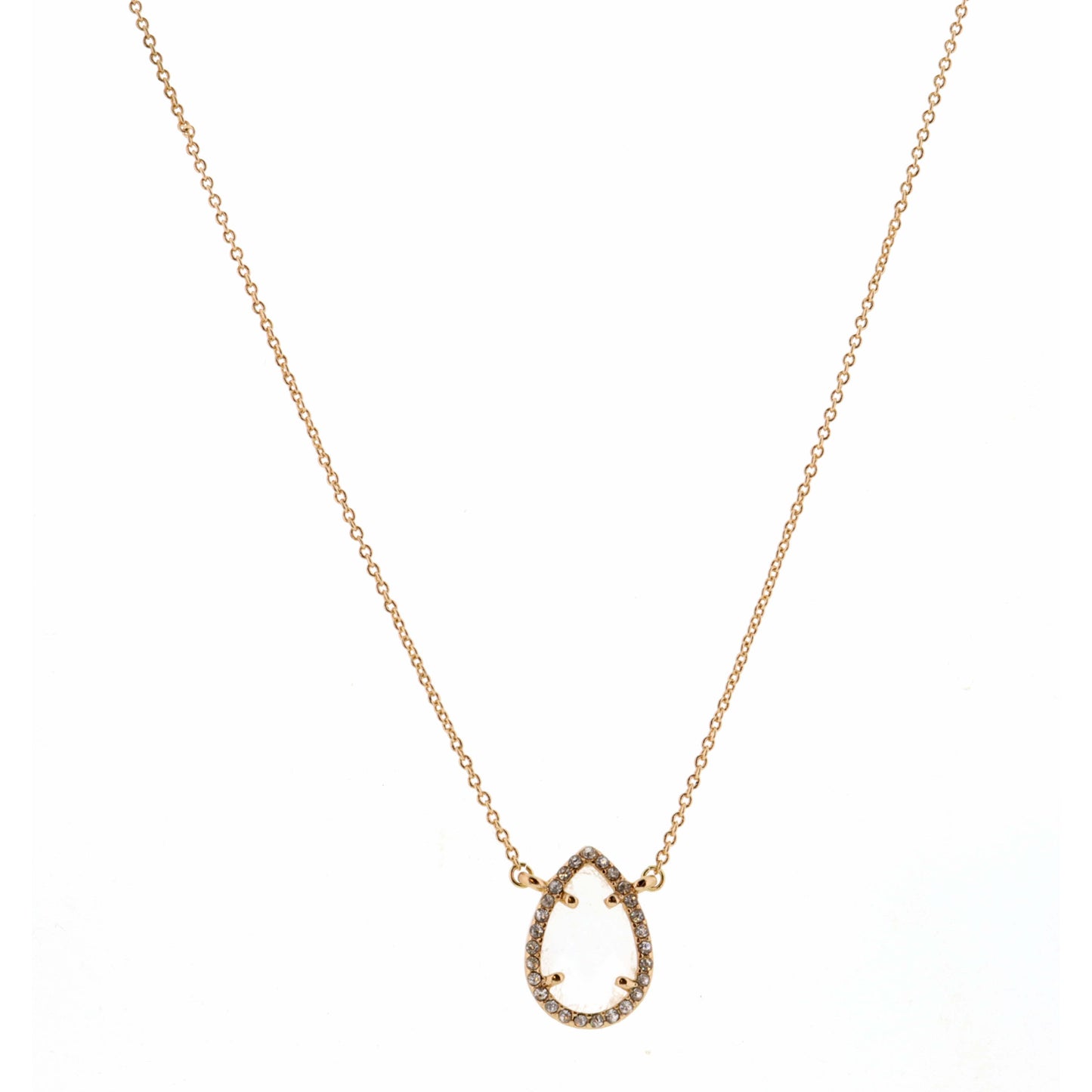 14" Clear Teardrop Encased in Gold & Clear Stones Necklace, 3" Ext
