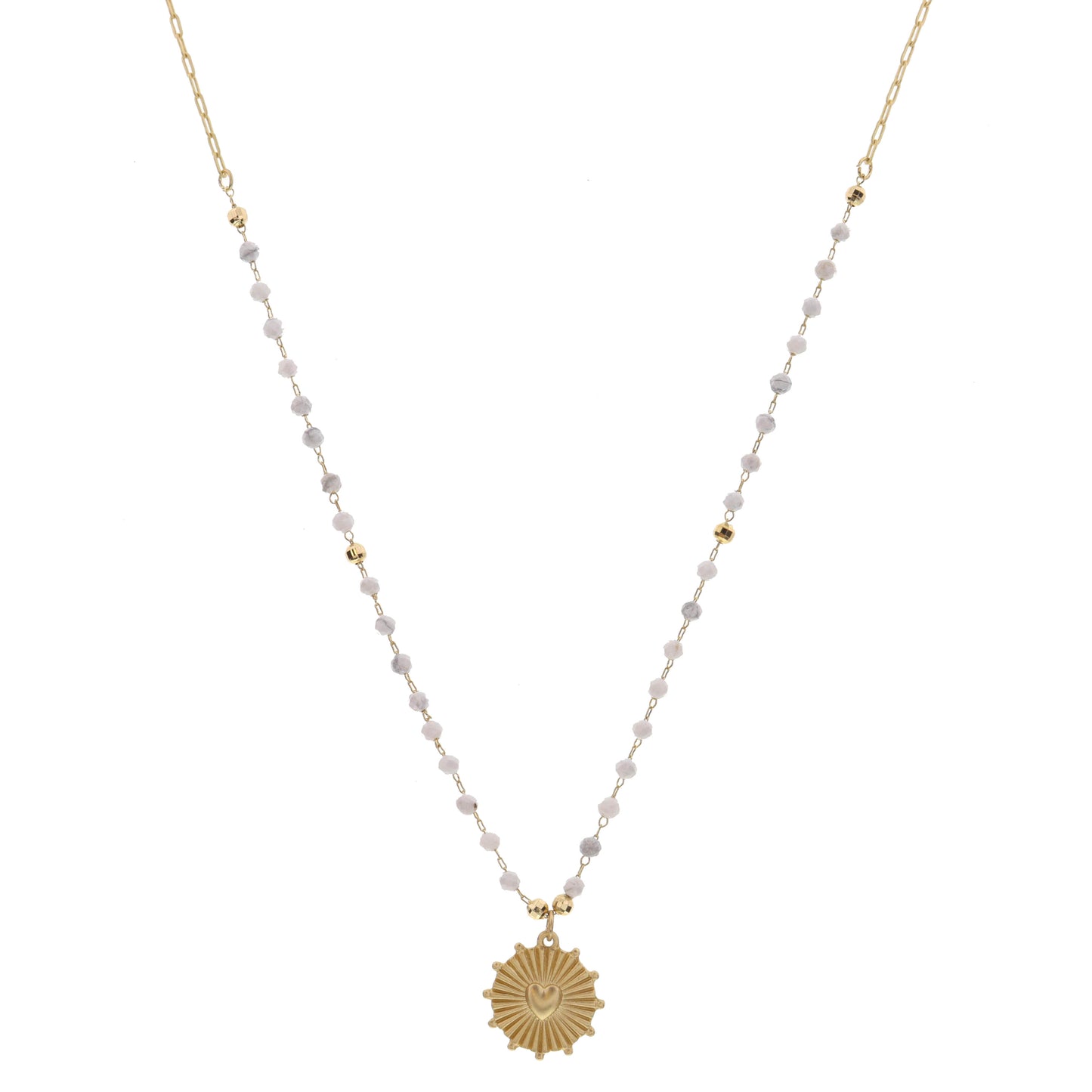 16" Howlite Stations with Stamped Heart Disc Charm Necklace , 3" Ext
