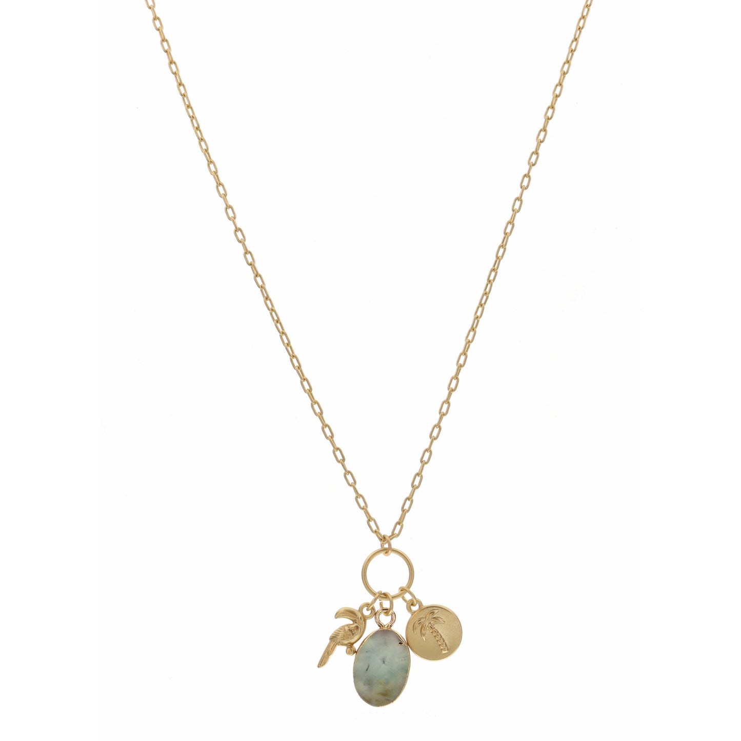 16" Gold 3D Tucan, Sage Oval, Stamped Palm Tree Disc Necklace , 3" Ext