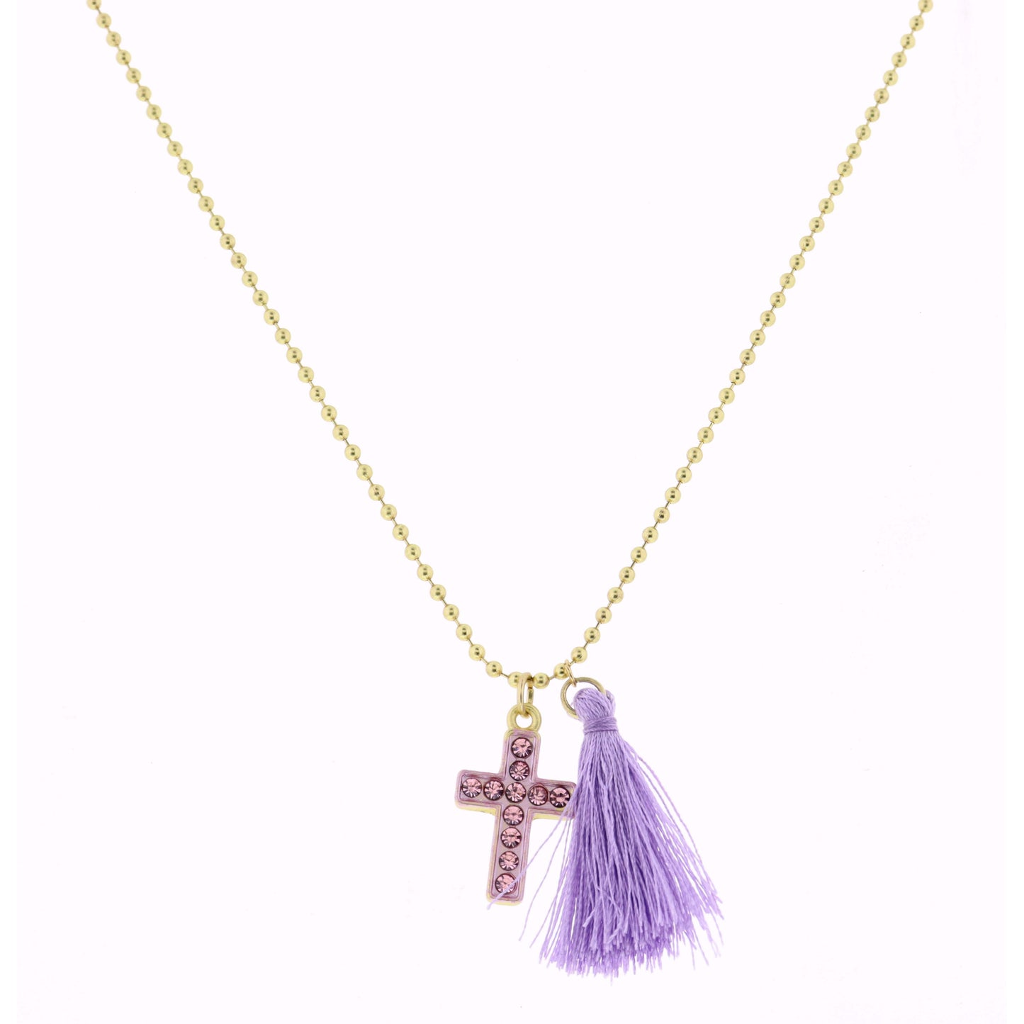 Kids 14" Pink Cross with Purple Tassel Necklace, 2" Ext