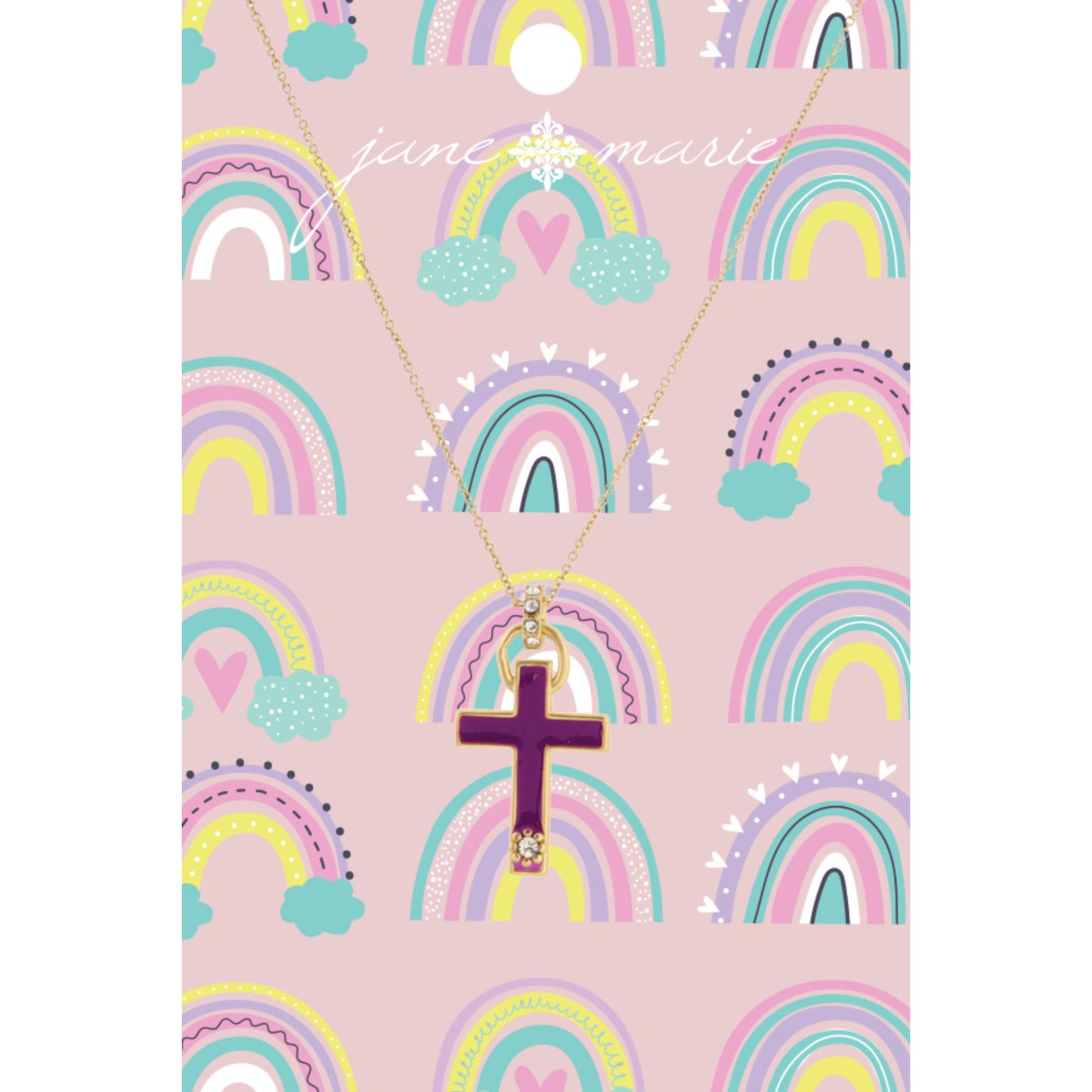 Kids 14" Purple Cross with Crystal Jumpring Necklace , 2" Ext