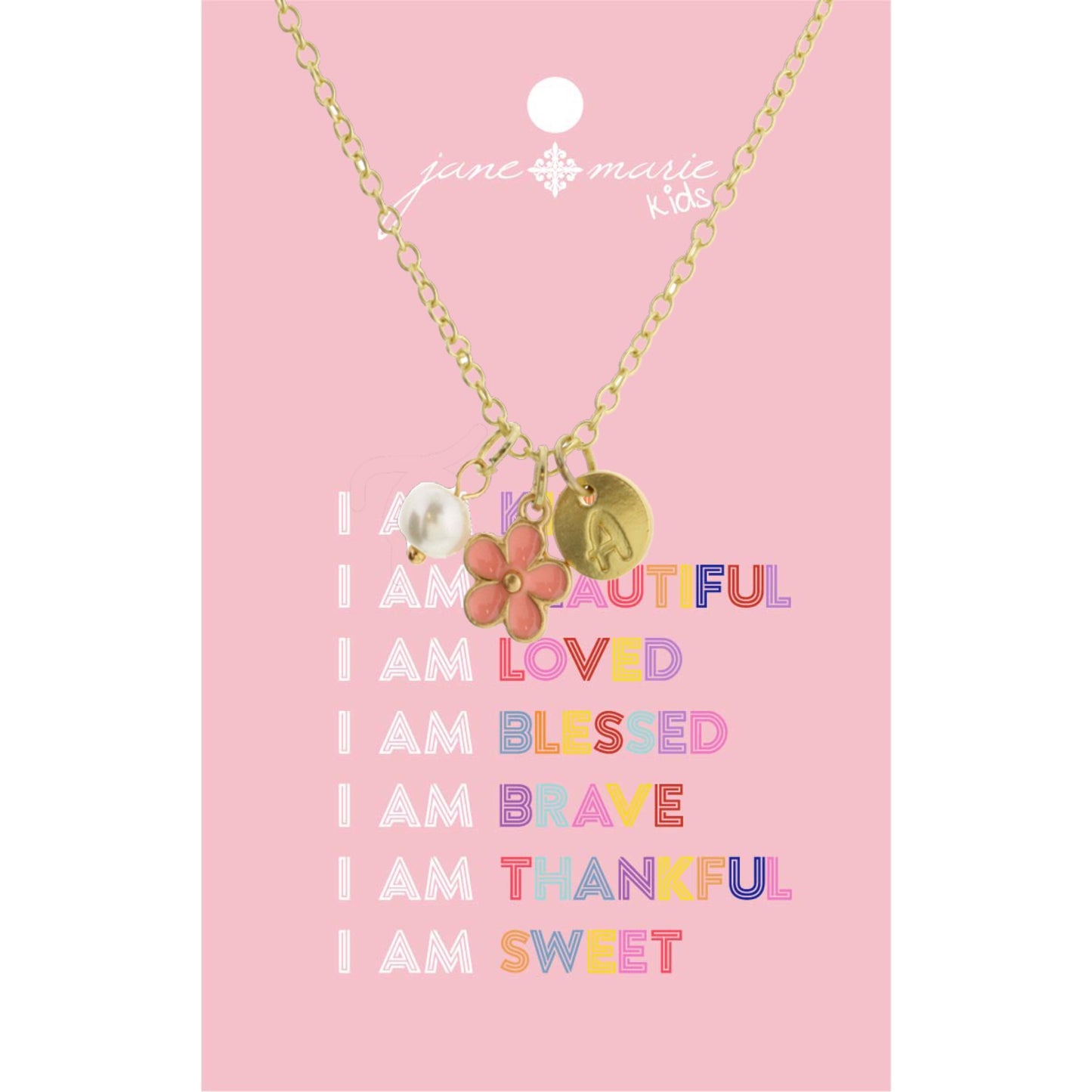 Kids 14" "A" Initial Disc, Pearl, & Pink Flower Necklace, 2" Ext