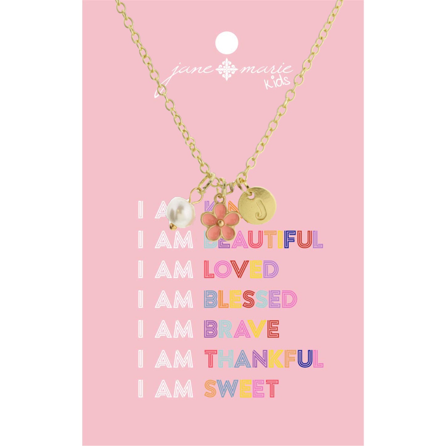 Kids 14" "J" Initial Disc, Pearl, & Pink Flower Necklace, 2" Ext