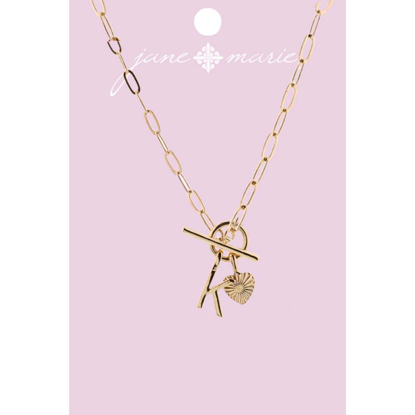 16" Gold "K" Initial with Textured Heart Necklace, .25", .50" Pendant