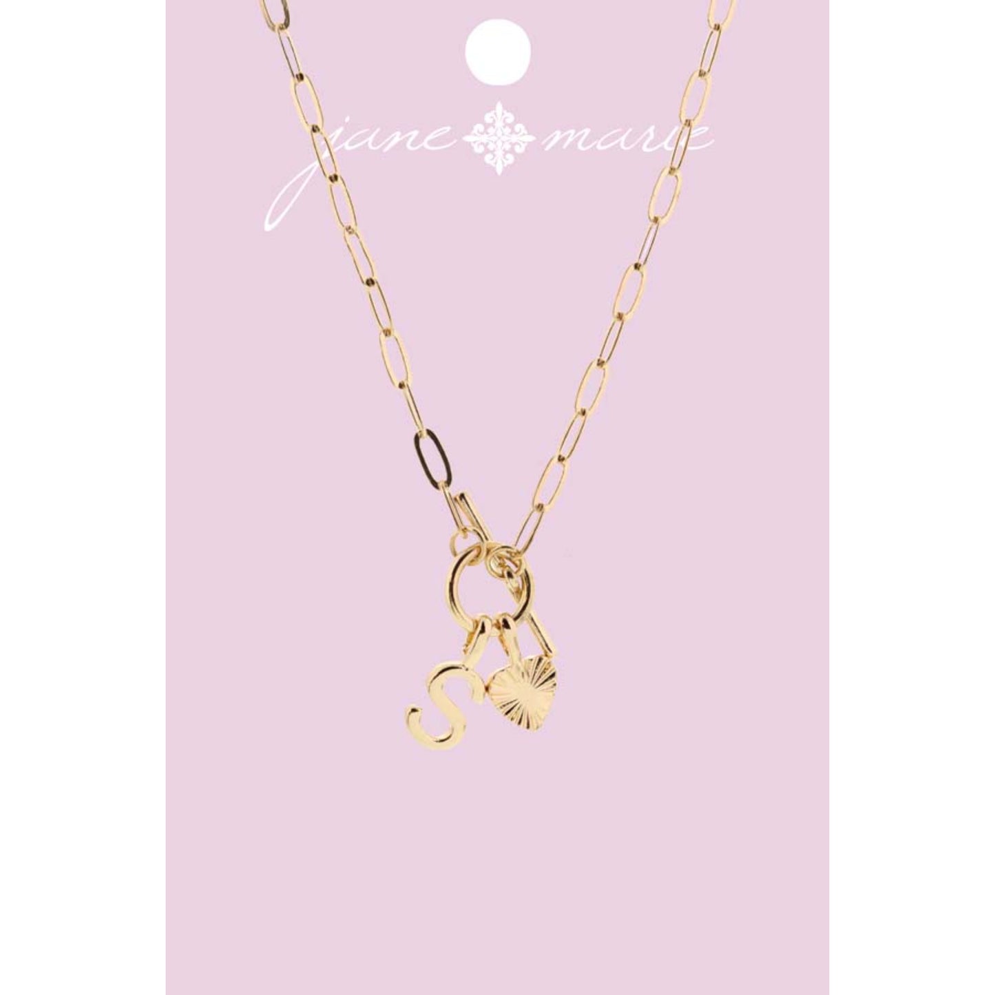 16" Gold "S" Initial with Textured Heart Necklace, .25", .50" Pendant