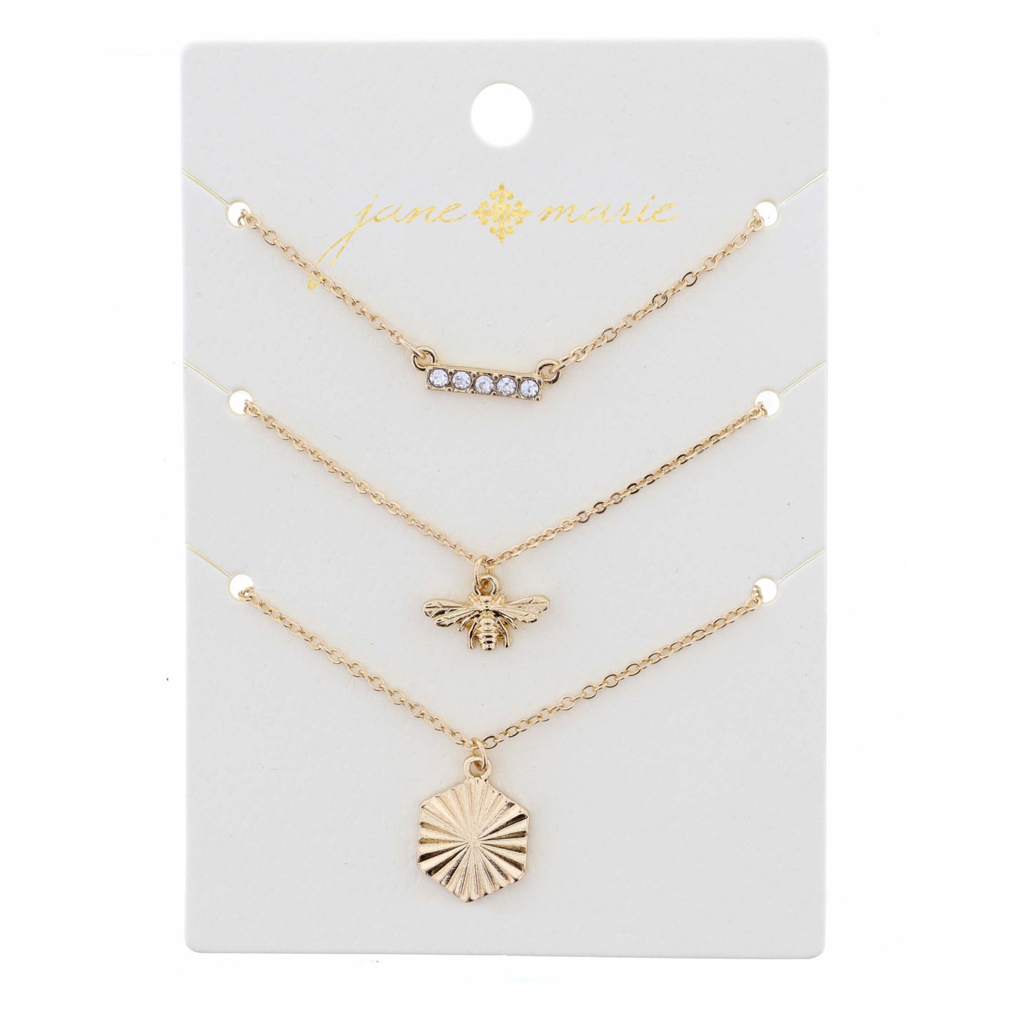 16" Set of 3, Bee and Hexagon Necklace, .125", .25", .50" Pendant, 3" Ext