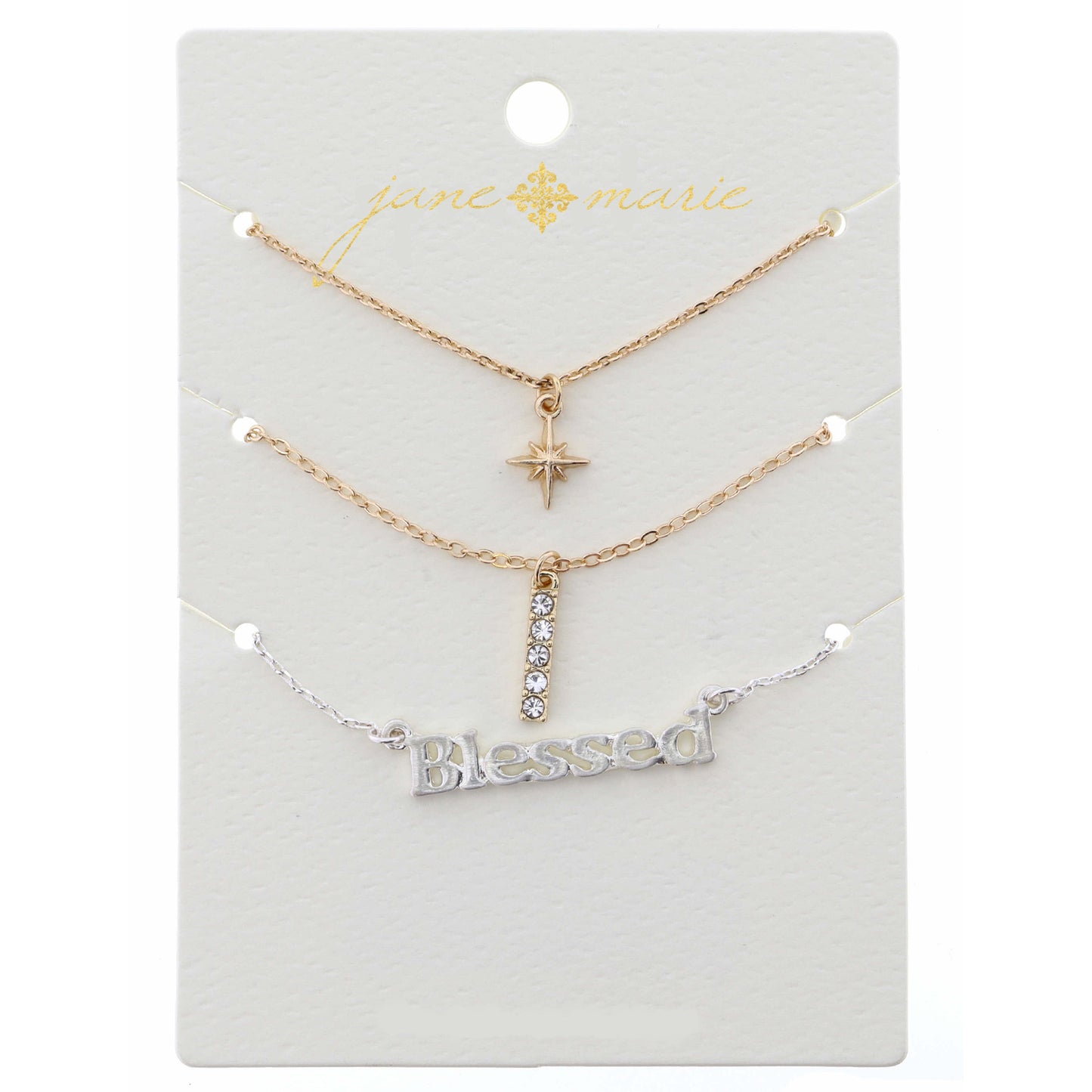 16" Set of 3, Star, Bar, Bless Necklace, .25", .50", .25" Pendant, 3" Ext