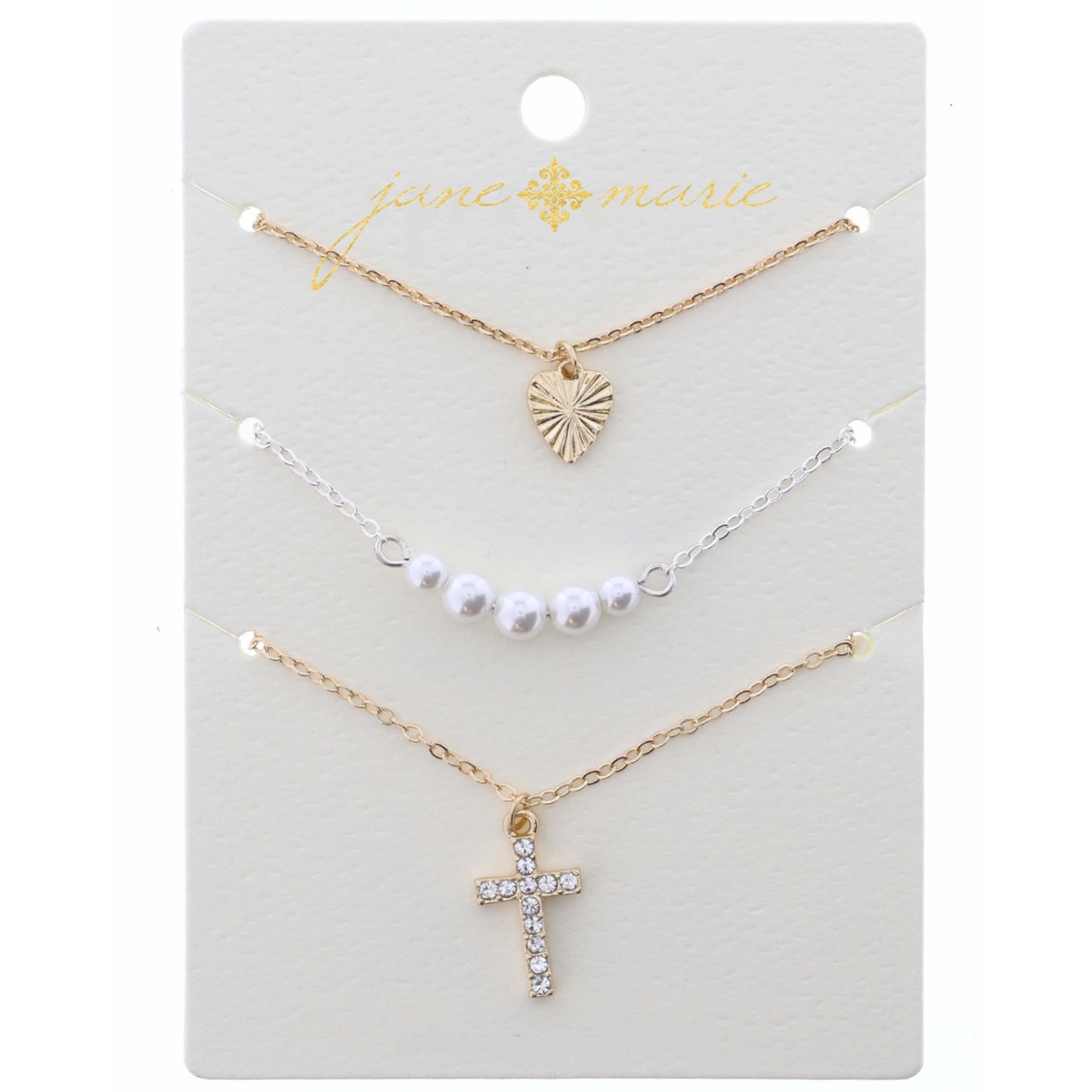 16" Set of 3, Heart, Pearl, Cross Necklace, .25", .25", 1" Pendant, 3" Ext