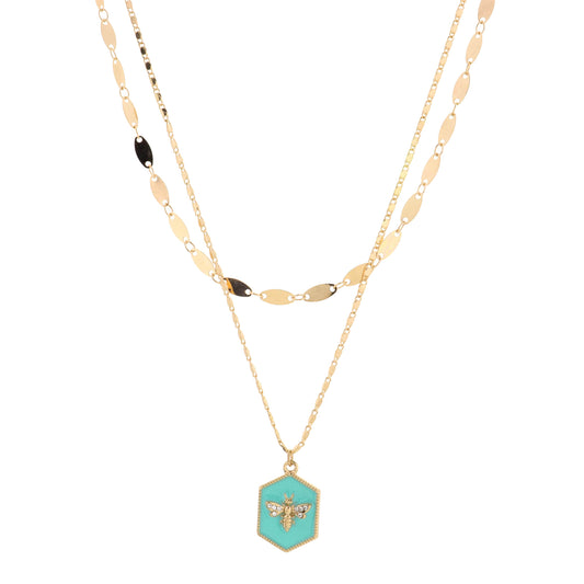 16", 18" 2 Layered Bee on Mint Hexagon Necklace, 3" Ext