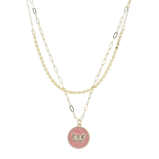 16", 18" 2 Layered Butterfly on Pink Circle Necklace, 3" Ext