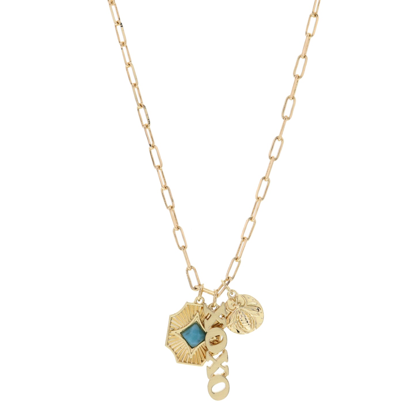 16" XOXO, Cut Edge Rectangle, Bee Disc Necklace, 1", 1", .50" Pendant