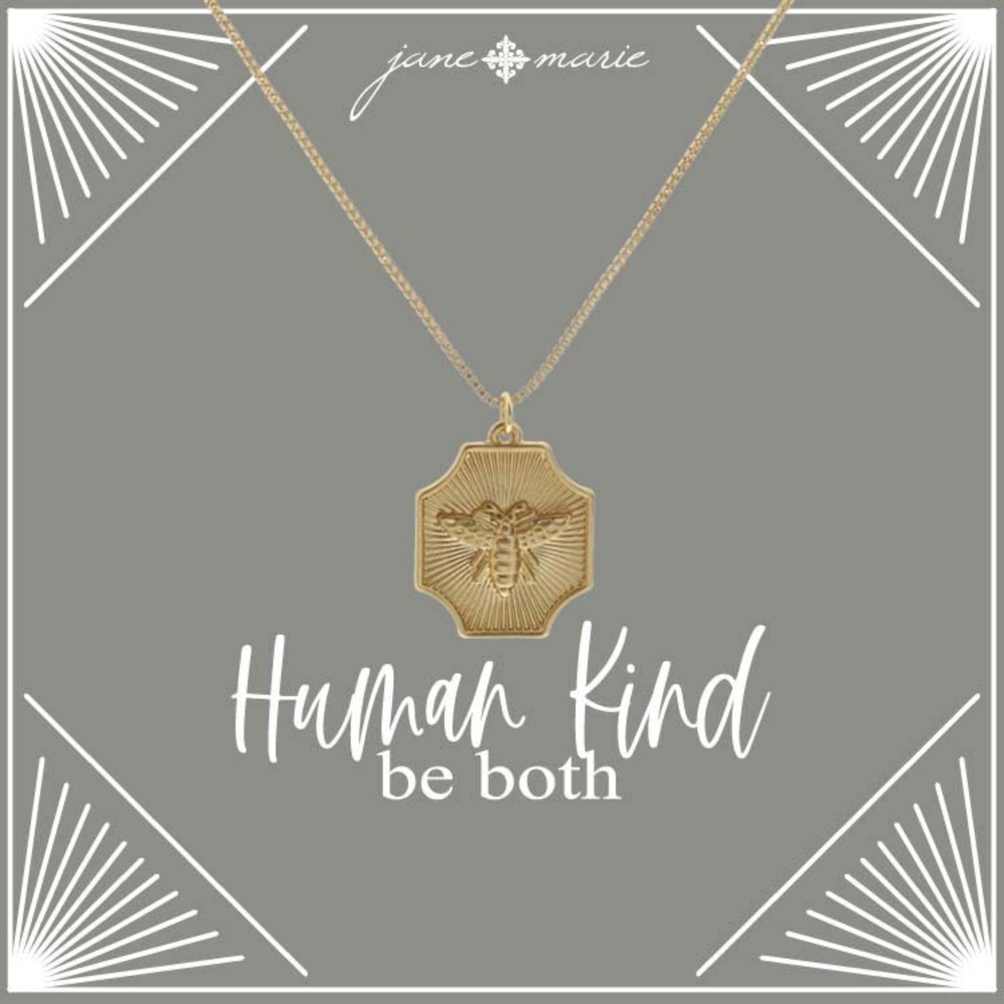 16" Gold Textured Square Cross with Bee Necklace, 3" Ext