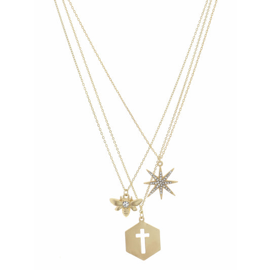 15", 16", 17" Star, Bee, Hexagon with Cut Out Cross Necklace, 3" Ext