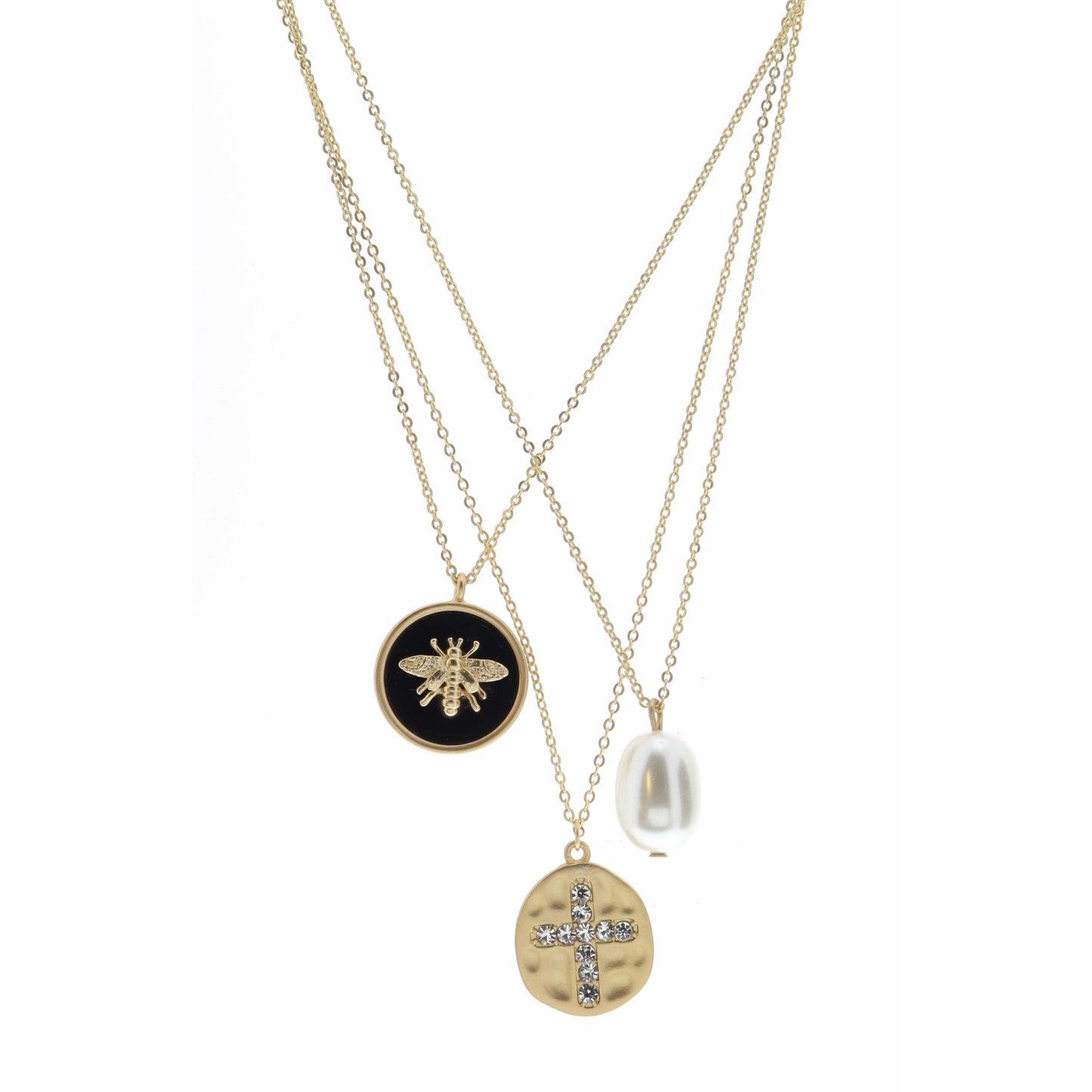 15", 16", 17" Pearl, Black Bee Disk, Crystal Cross Disk Necklace, 3" Ext