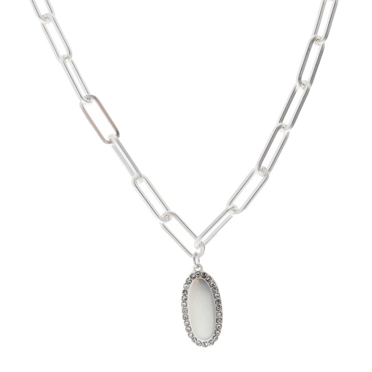 16" Silver Oval with Crystal Outline Necklace, 3" Ext