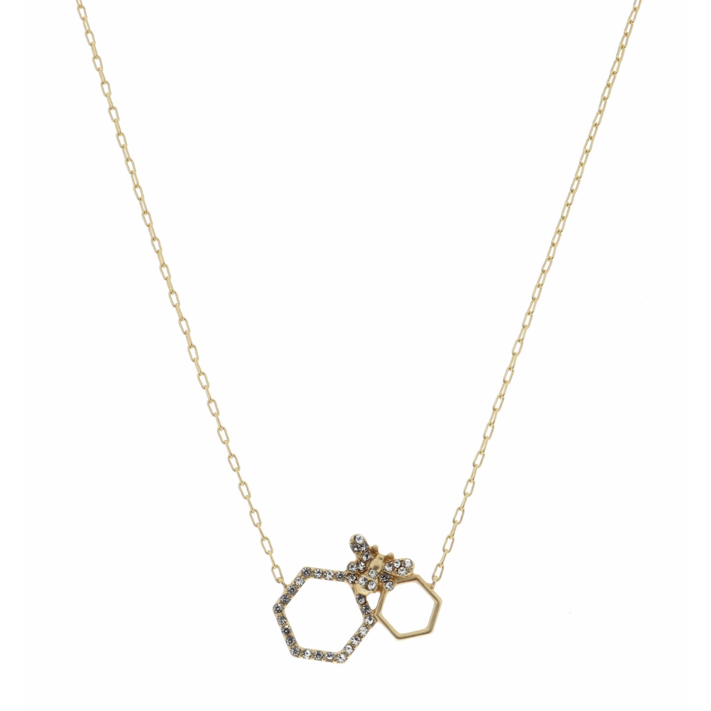 16" Gold, Open Hexagon, Small and Crystal Hexagons Necklace, 3" Ext