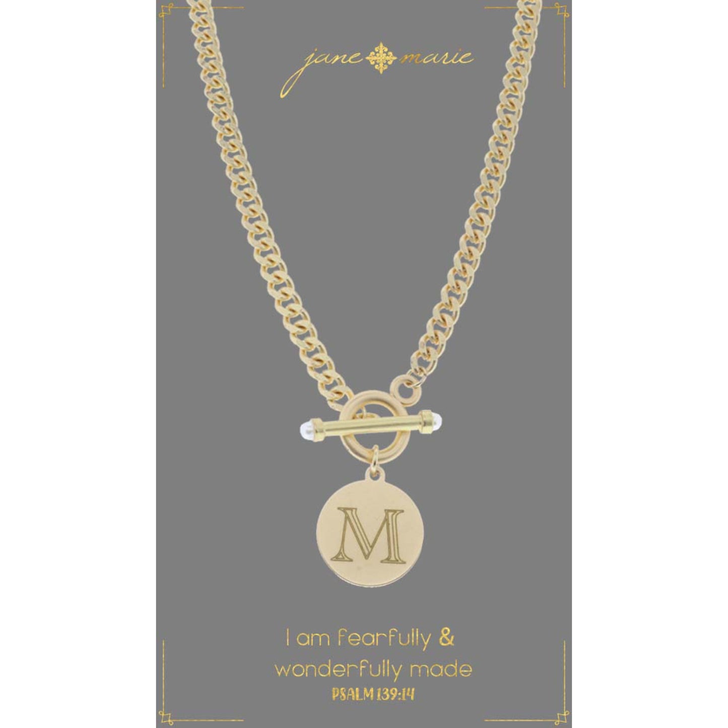 18" Engraved Initial "M" with Pearl Embellished Toggle Necklace